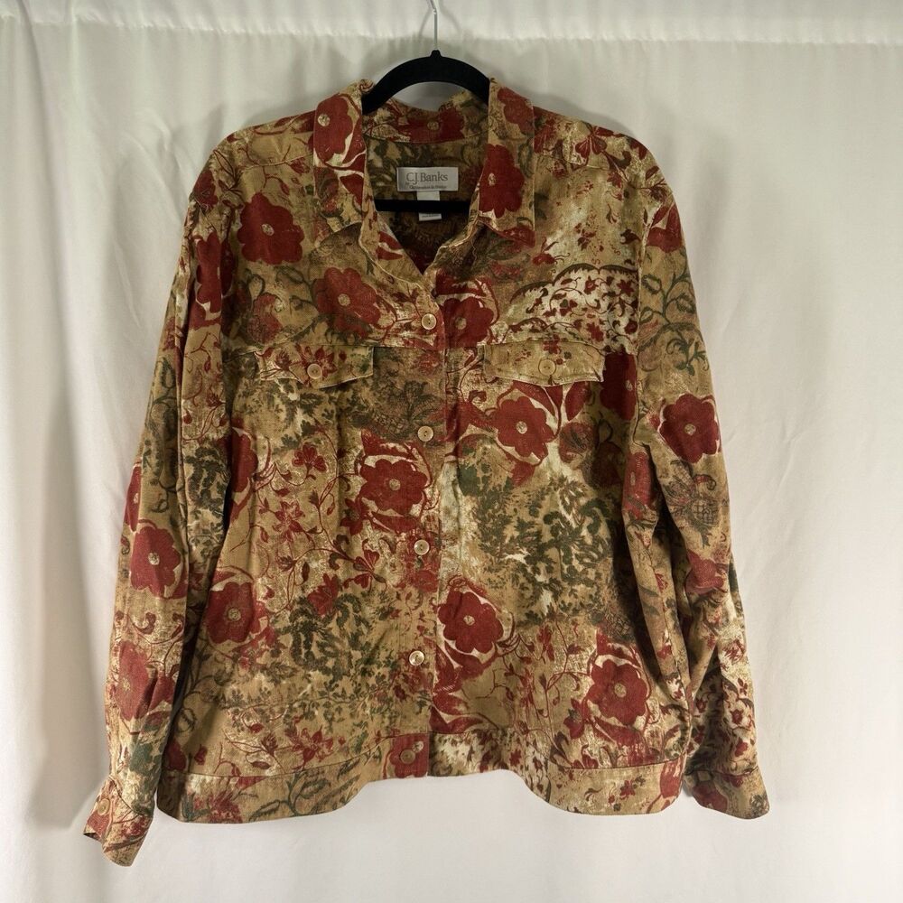 CJ Banks Linen Blend Jacket Women's 1X Red Floral Long Sleeve Button Up Collared